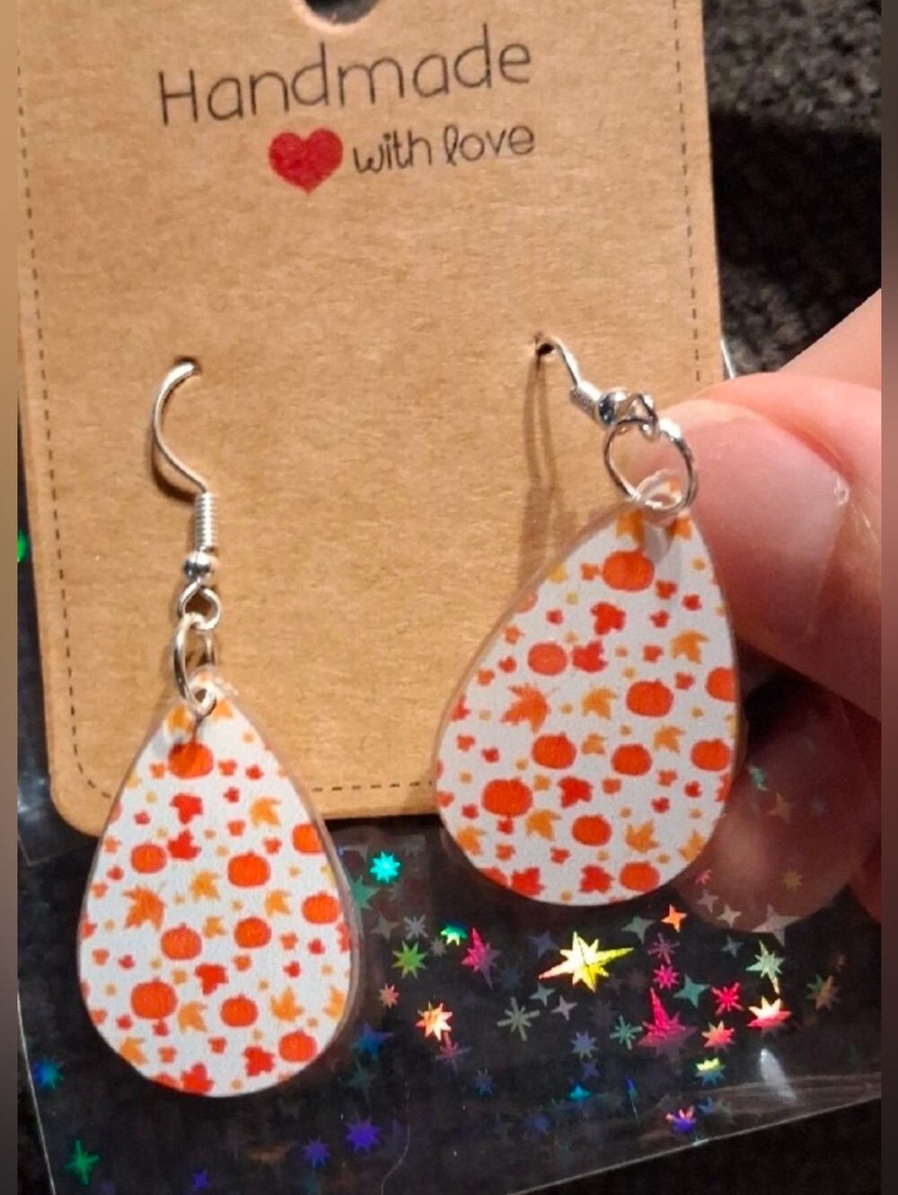 $8 Each Or Bundle 5/$20 Handmade Pumpkin & Leaf Pattern Teardrop Earrings